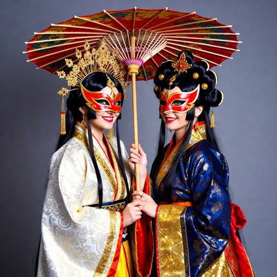 Two Asian women holding red umbrella masks