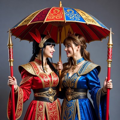 Two women holding colorful parasols