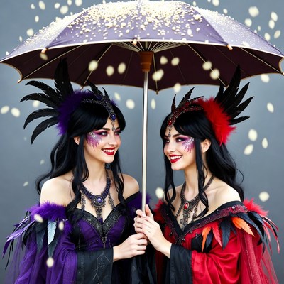 Twin gothic women holding purple umbrella in snow