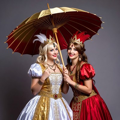 Two women in carnival costumes with umbrellas
