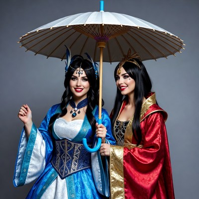 Two women holding parasol in costumes