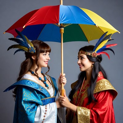 Two women holding colorful umbrella