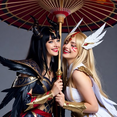 Two women in demon and angel cosplay