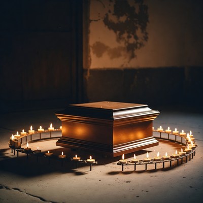 Wooden Coffin Surrounded by Candles
