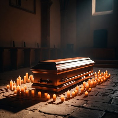 Wooden Coffin Surrounded by Candles