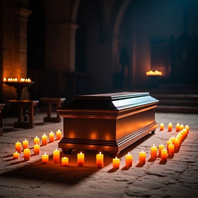 Wooden Coffin Surrounded by Candles
