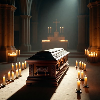 Wooden Coffin in Candlelit Cathedral