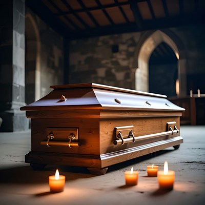 Wooden Coffin with Candles in Church