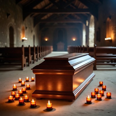 Wooden Coffin in Candlelit Church