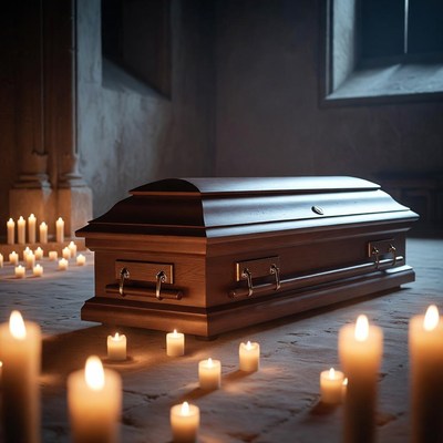 Wooden Coffin Surrounded by Candles