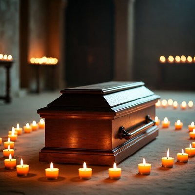 Wooden Coffin Surrounded by Candles