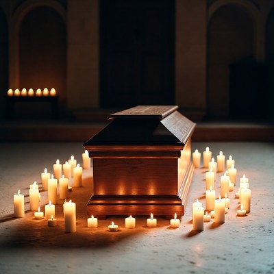 Wooden Coffin Surrounded by Candles