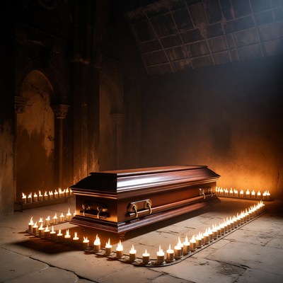 Wooden Coffin Surrounded by Candles