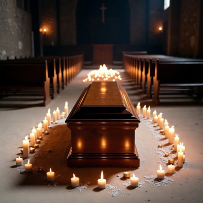 Wooden Coffin Surrounded by Candles in Church