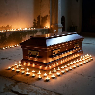 Wooden Coffin Surrounded by Candles