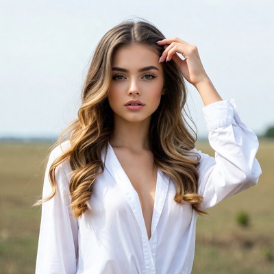 Woman touching hair in field