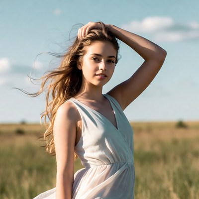 Young woman in white dress in field
