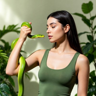 Woman holding green snake