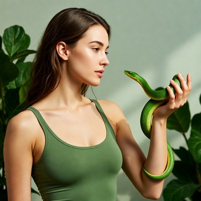 Woman holding green snake