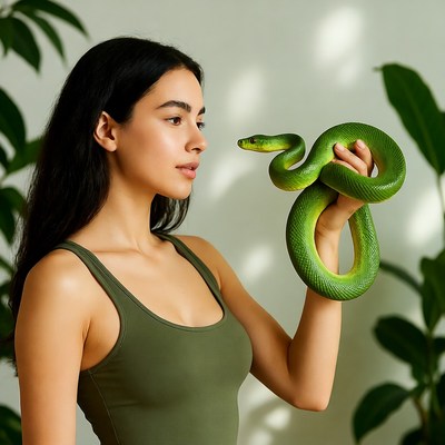Woman holding green snake