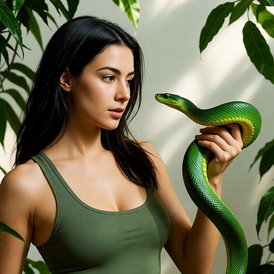 Woman holding green snake