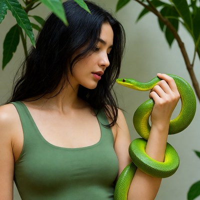 Asian woman holding green snake
