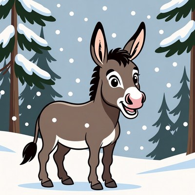 Cartoon Donkey in Snowy Forest