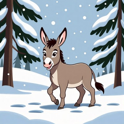 Cute donkey in snowy forest