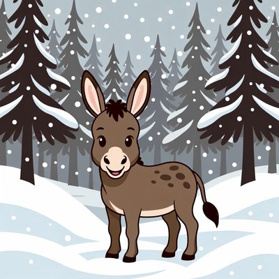 Cute donkey in snowy forest