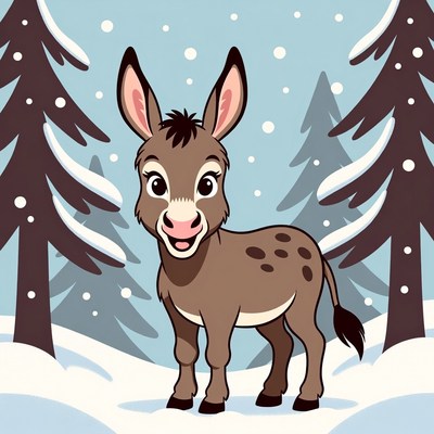 Cute cartoon donkey in snowy forest