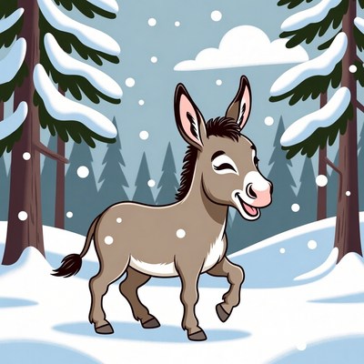 Cartoon Donkey in Snowy Forest