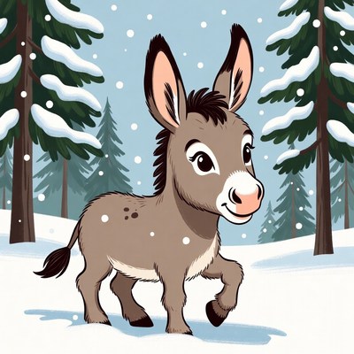 Cute donkey walking in snowy forest