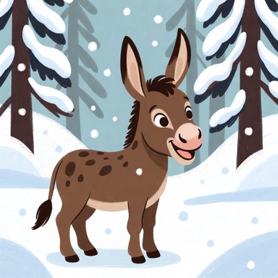 Cute donkey in snowy forest