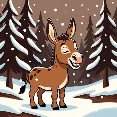 Happy donkey in snowy forest