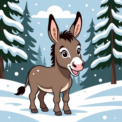 Cute donkey in snowy forest