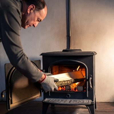 Man adding firewood to stove