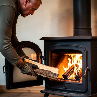Man adding firewood to stove