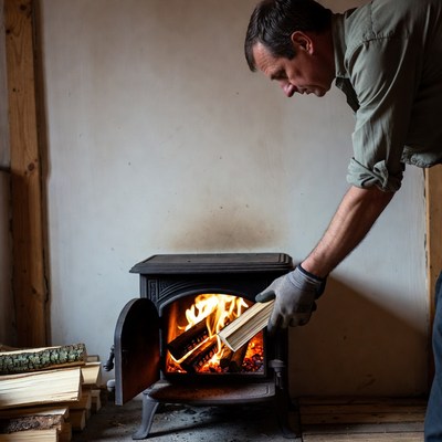 Man adding firewood to wood stove