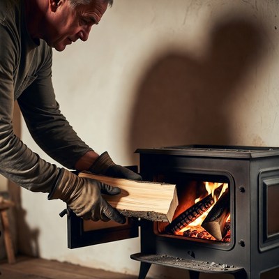 Man adding firewood to stove