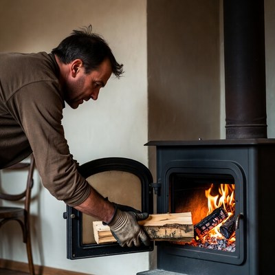 Man adding firewood to stove