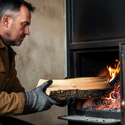 Man adding log to fireplace