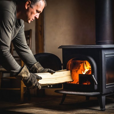 Man adding firewood to wood stove