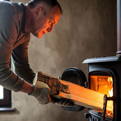 Man adding firewood to stove