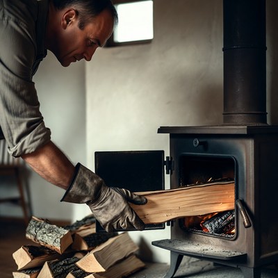 Man adding wood to wood stove
