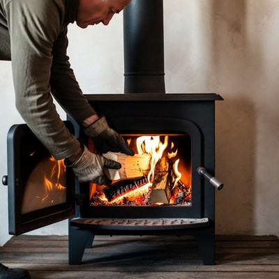 Man adding wood to fireplace