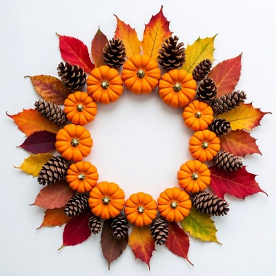 Autumn Wreath with Pumpkins and Leaves