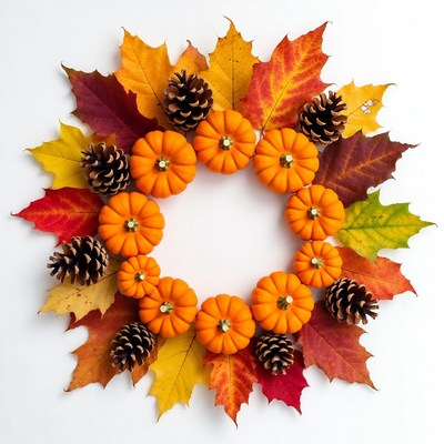 Orange Pumpkins and Fall Leaves Wreath