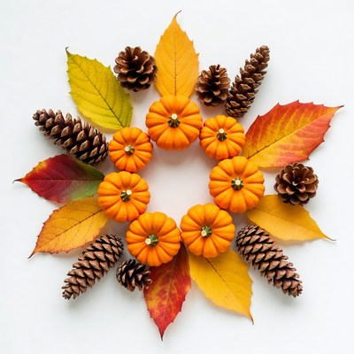 Orange Pumpkins with Autumn Leaves and Pinecones