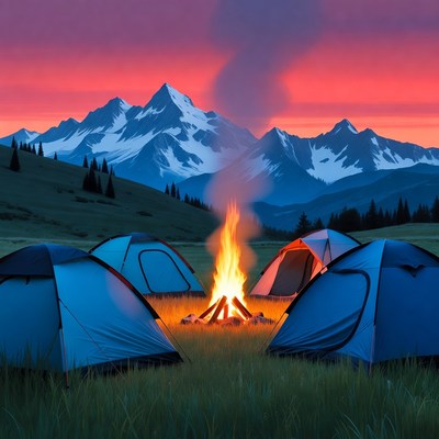 Campfire and Tents in Mountain Sunset