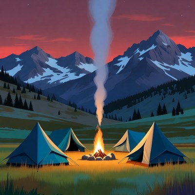 Campfire between tents in mountains